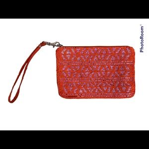 Express beaded silk taffeta pink and orange beaded clutch